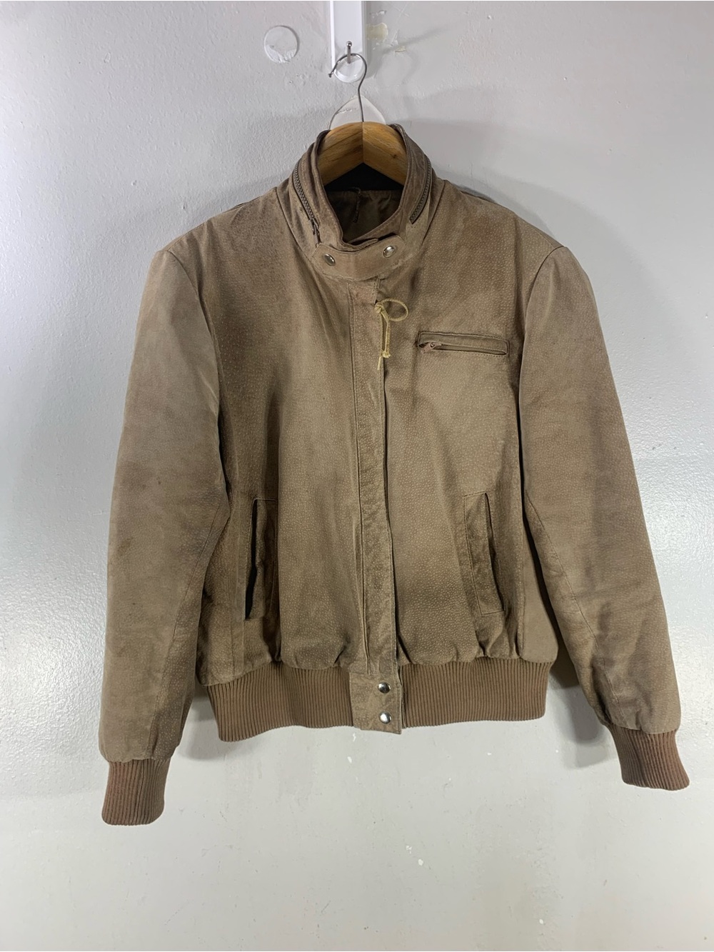 Vintage Distressed Suede Leather Bomber Jacket – Tan Brown – High Collar